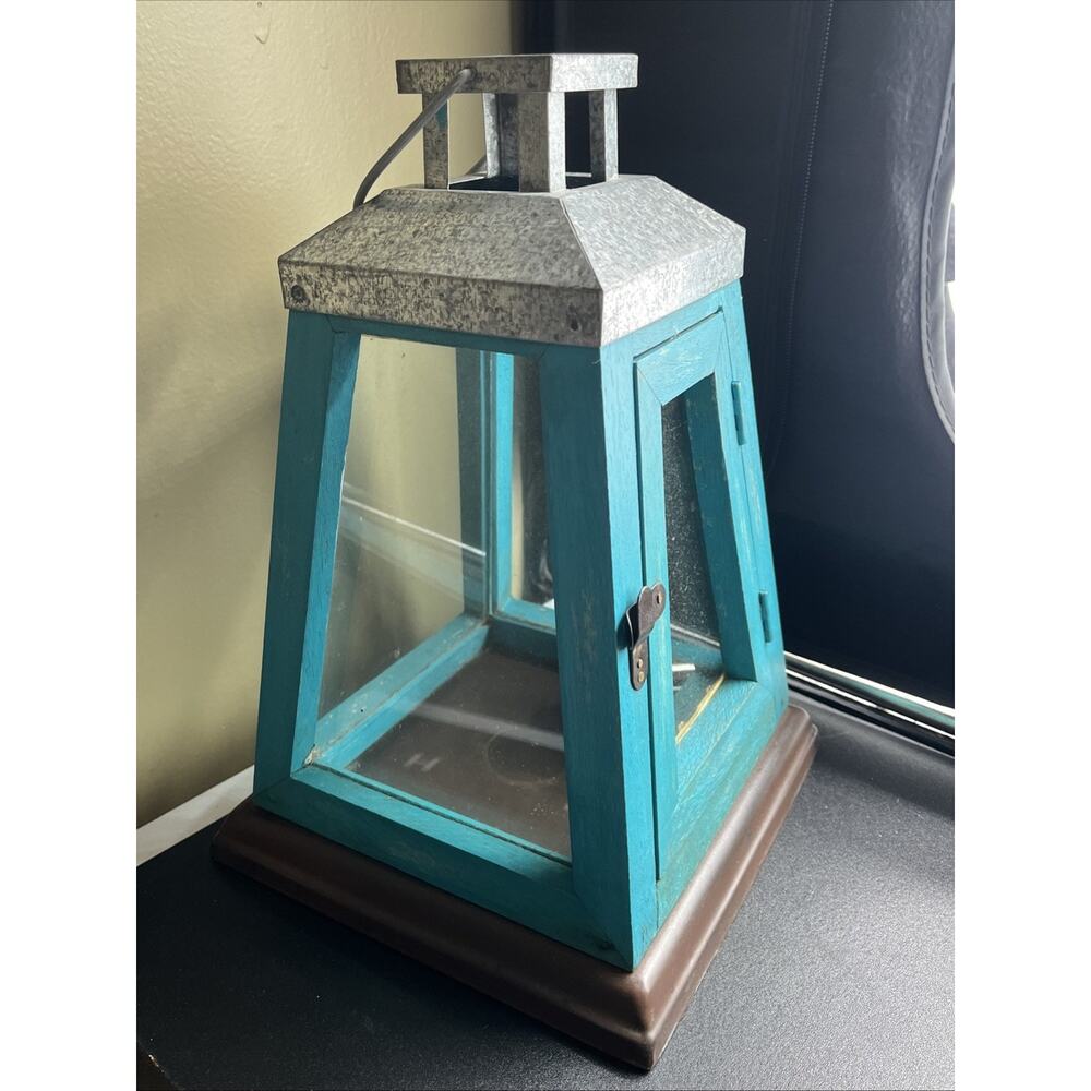 Rustic Teal Turquoise Heavy Metal Wood Ocean Coastal Lantern 12”x8” - Picture 3 of 7